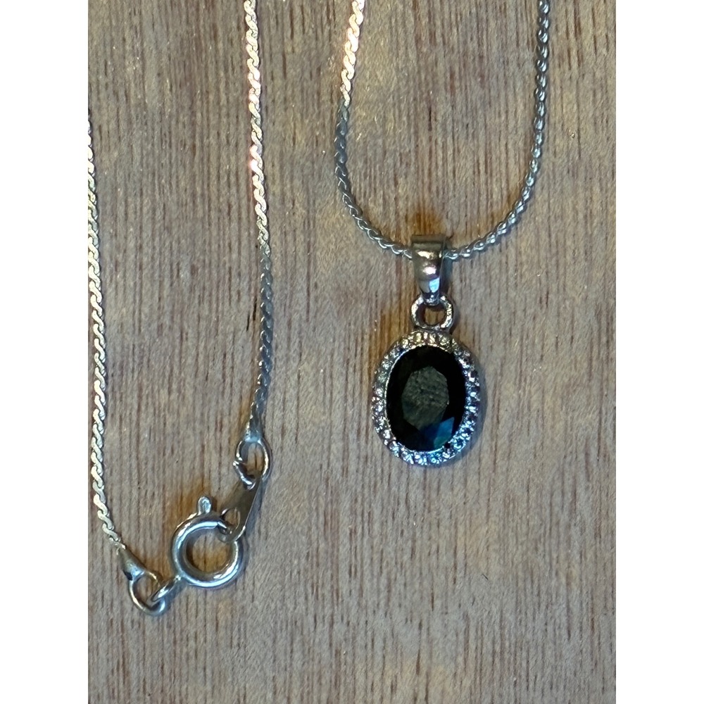 Black Oval Pendant Necklace Silver Tone Dainty Vintage Style Chain